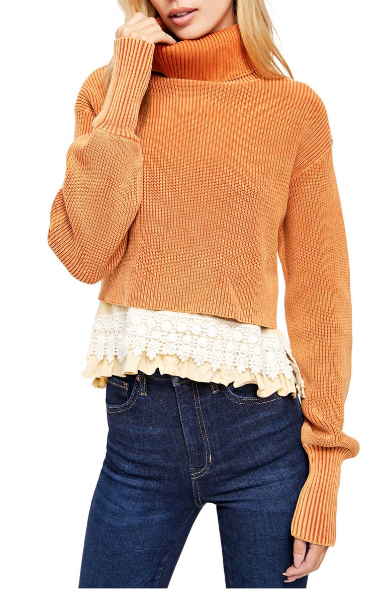 At First Glance Crochet Hem Turtleneck Sweater, Main, color, MED ORANGE