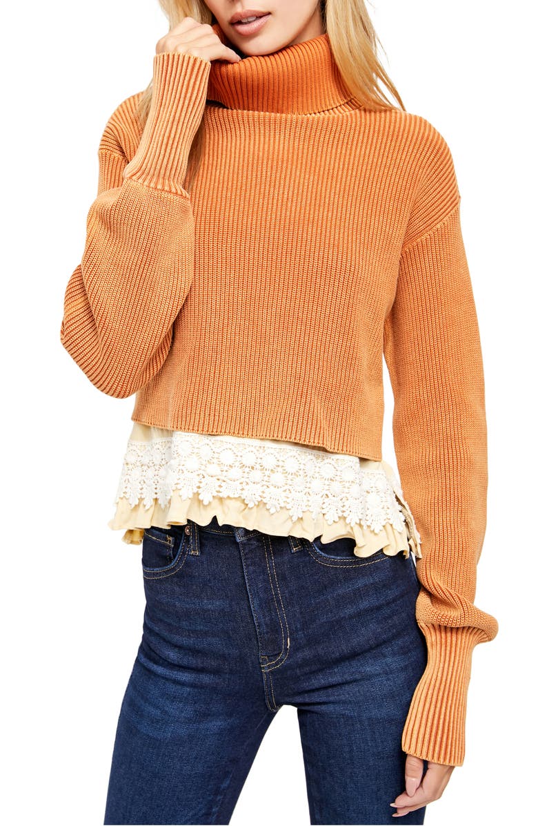 Free People At First Glance Crochet Hem Turtleneck Sweater, Main, color,