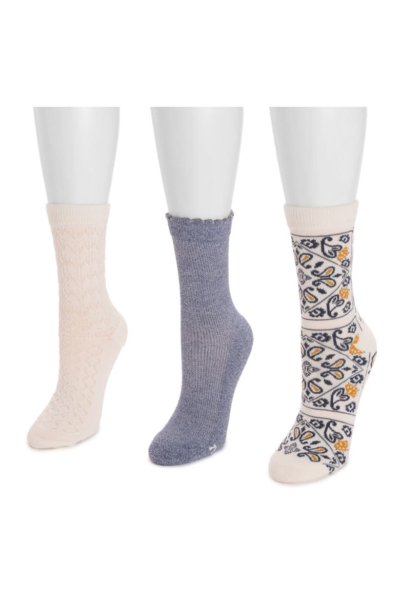 MUK LUKS Women's Dream Step Crew Socks, 3 Pair Pack, Alternate, color, Denim/Paisley