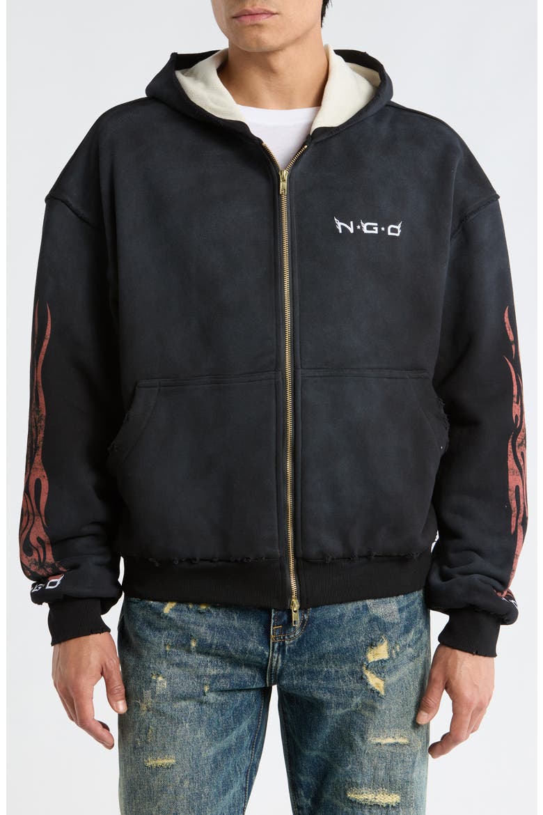 Flame Logo Zip Front Hoodie, Alternate, color, BLACK