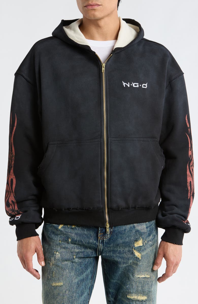Nothing Grows Overnight Flame Logo Zip Front Hoodie, Alternate, color, Black