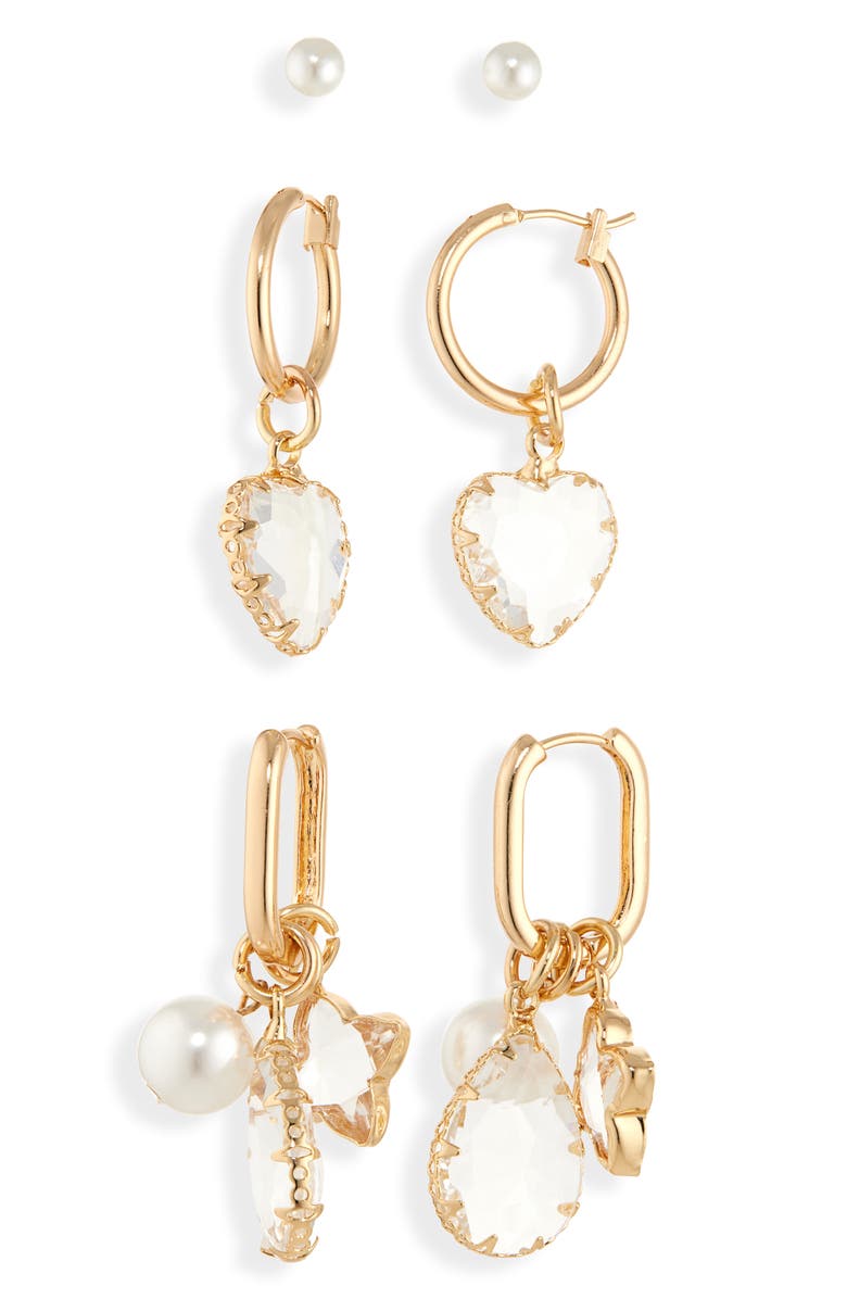 Tasha Set of 3 Mixed Crystal Stud & Drop Earrings Earrings, Main, color, Gold