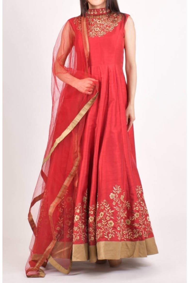 Embroidered Silk High Neck Gown, Alternate, color, Red