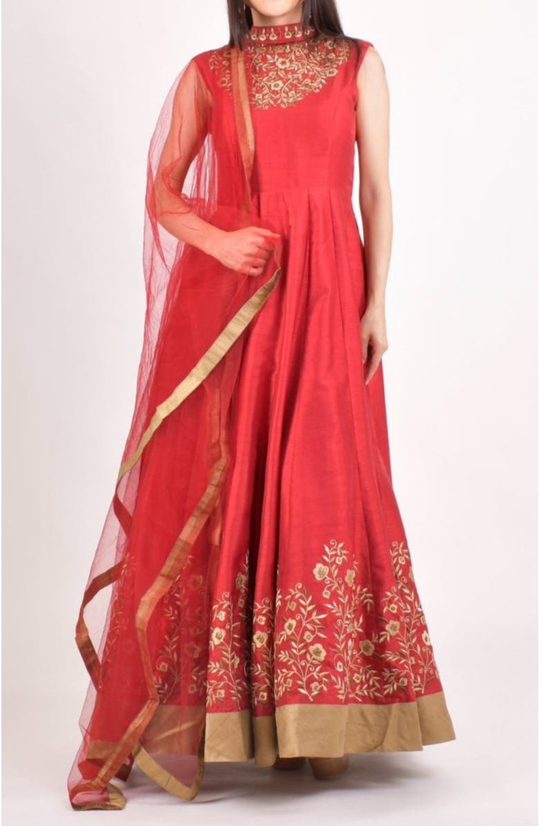 RAAS Embroidered Silk High Neck Gown, Alternate, color, Red