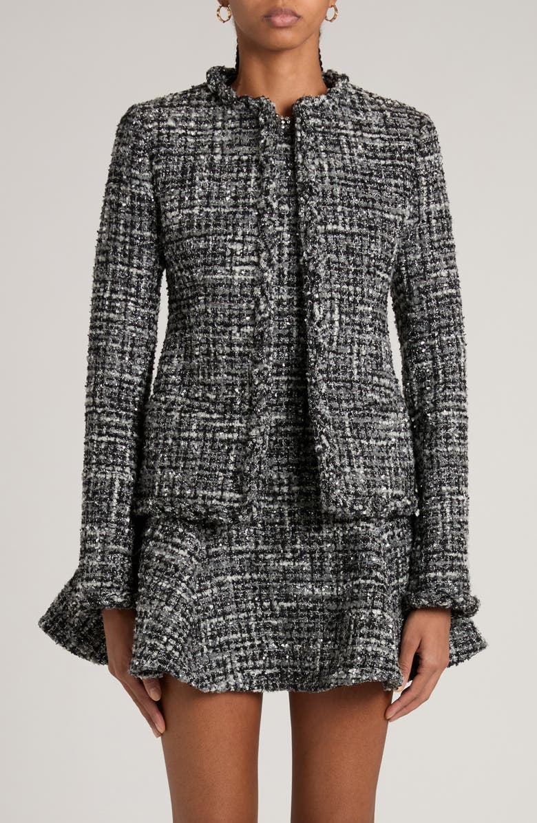 Valentino Garavani Fringed Metallic Tweed Jacket, Main, color, Nero/ Grigio Medio/ Bianco