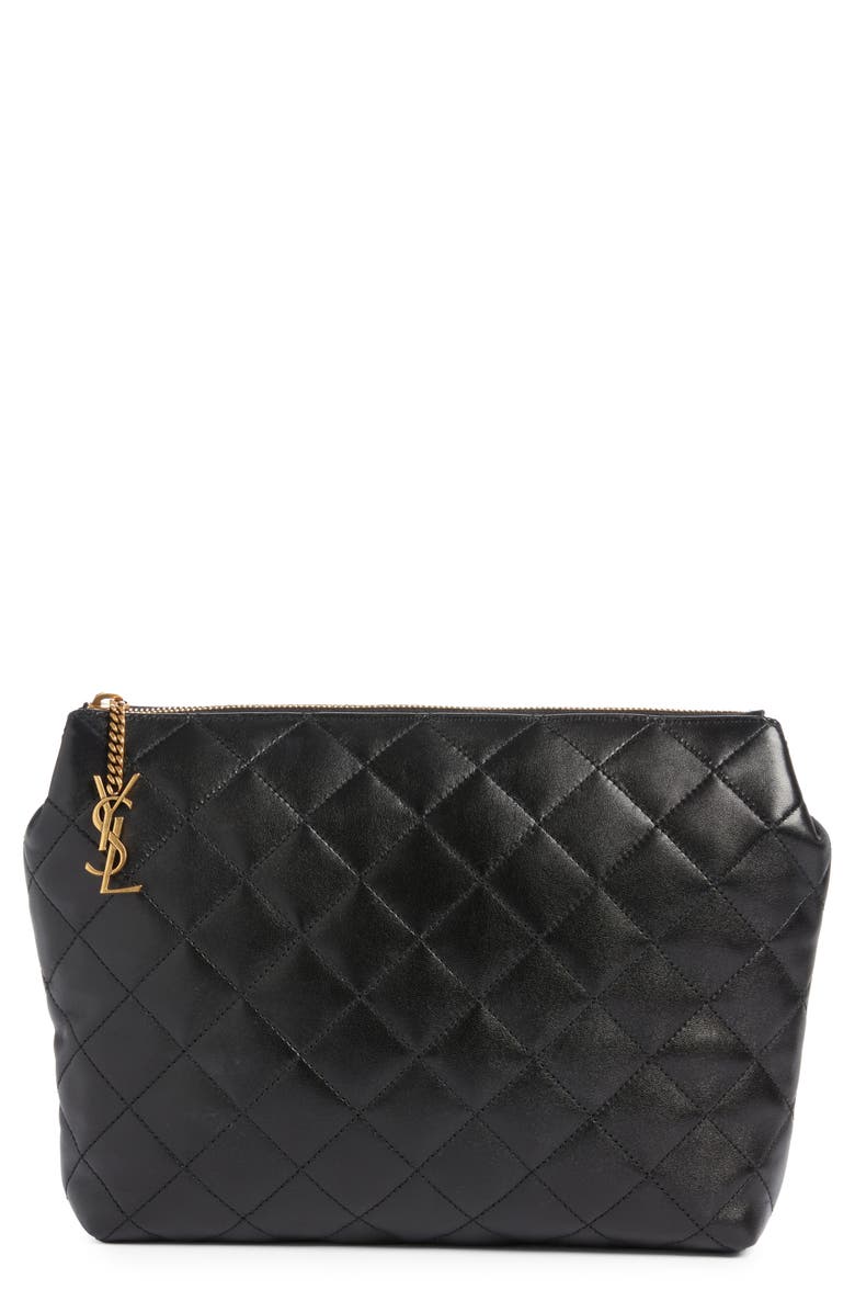 Saint Laurent Large Cassandre Leather Cosmetics Bag, Main, color, Noir