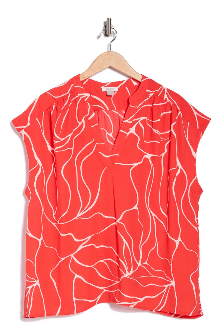 Growover Print Shirred V-Neck Top, Alternate, color, RED- IVORY CRACKED ABSTRACT