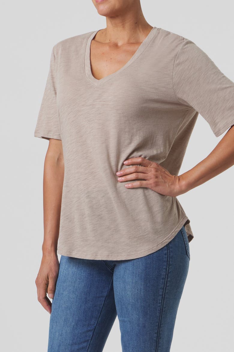 Slub Jersey V-Neck Elbow Sleeve Tee, Alternate, color, Sand