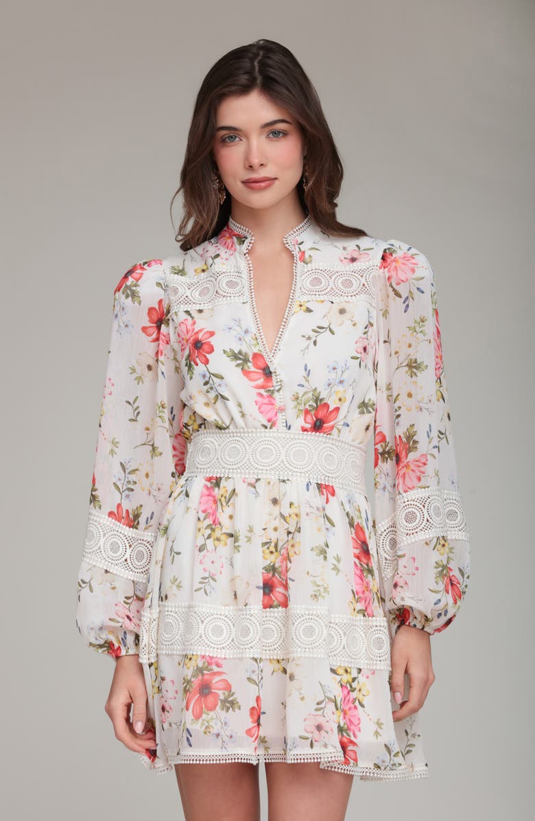 Avec Les Filles Floral Lace Detail Long Sleeve Minidress, Alternate, color, Cream Flower Press