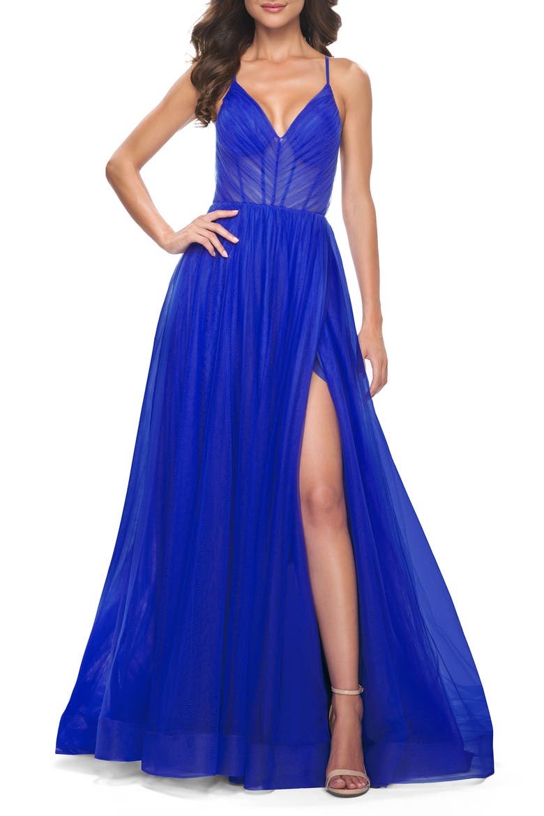 A-Line Prom Dress with Illusion Ruched Bodice, Main, color, Royal Blue