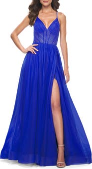 La Femme A-Line Prom Dress with Illusion Ruched Bodice
