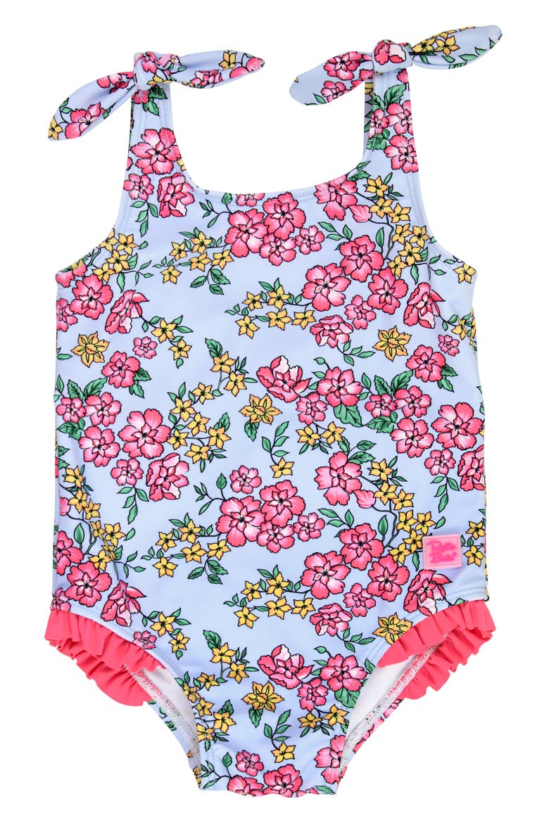 Kids' Cheerful Blossoms Tie Shoulder One-Piece Swimsuit, Main, color, BLUE/ PINK MULTI