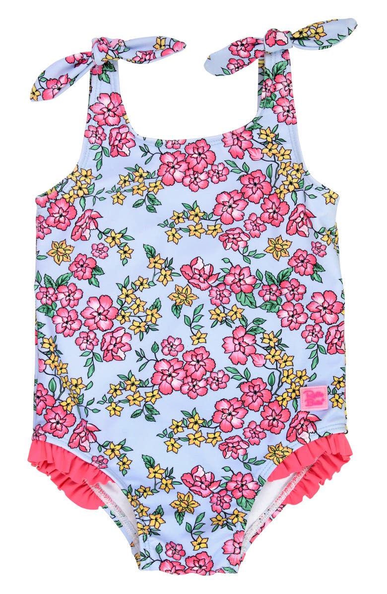 RuffleButts Kids' Cheerful Blossoms Tie Shoulder One-Piece Swimsuit, Main, color, Blue/ Pink Multi