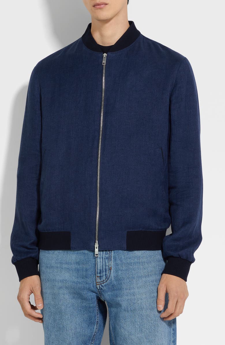 ZEGNA Linen Twill Bomber Jacket, Main, color, Navy Solid