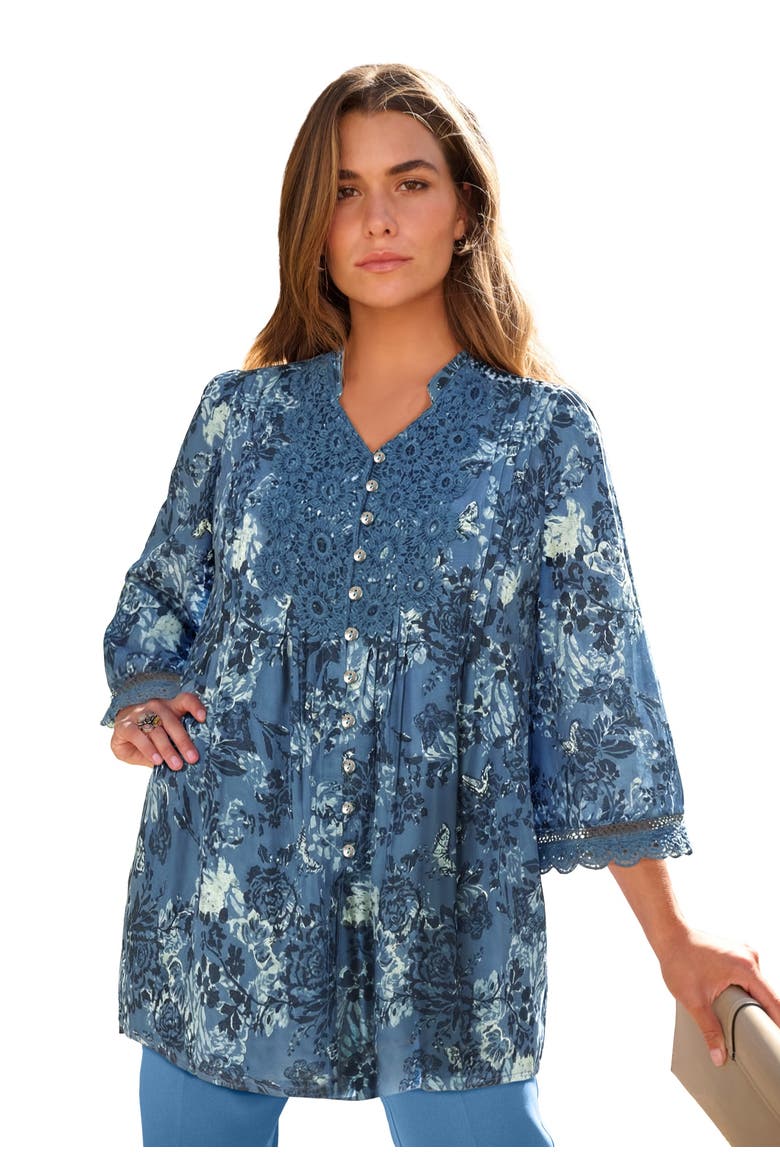Plus Size Juliet Lace Trim Button Down Shirt, Main, color, BLUE BUTTERFLY BLOOMS