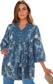 Roaman's Plus Size Juliet Lace Trim Button Down Shirt