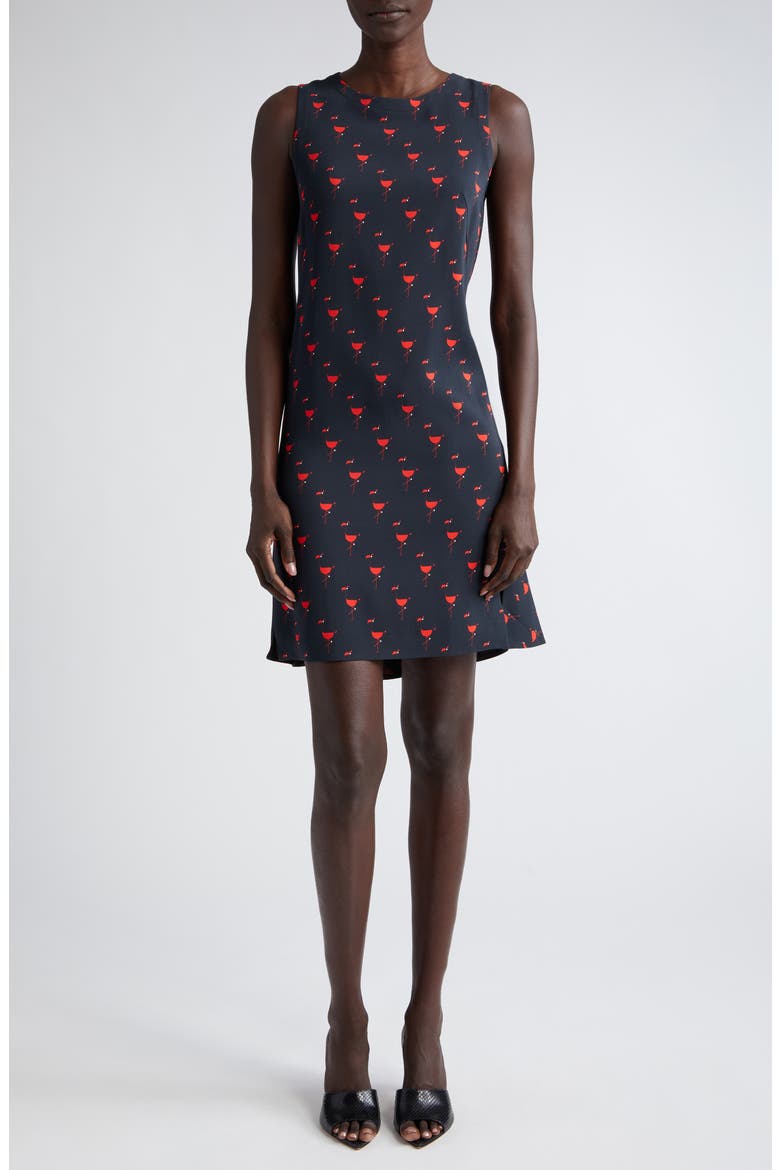Flamingo Print Sleeveless Crepe Shift Dress, Main, color, BLACK AND RED