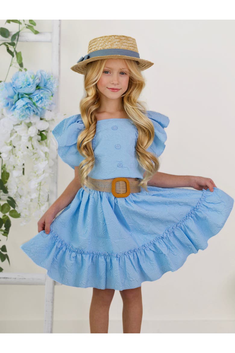 Girls Ruffle Sleeve Belted Skirt Set, Alternate, color, Blue