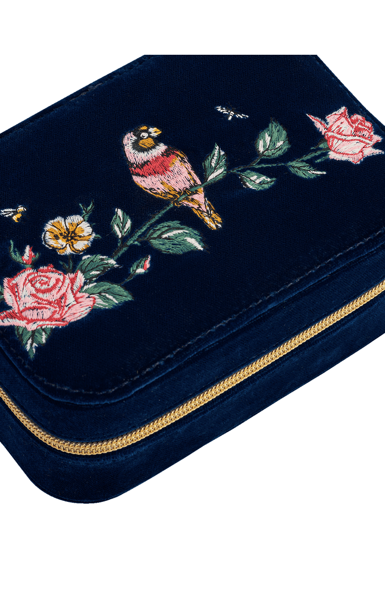 Fable England Rosy Posy Embroidered Blue Large Jewellery Box, Alternate, color, Navy