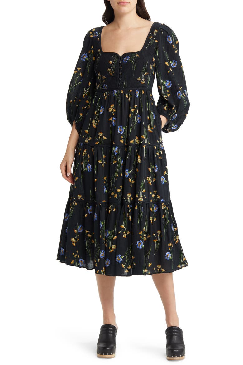 Xiomara Floral Print Long Sleeve Cotton Dress, Alternate, color, TRUE BLACK