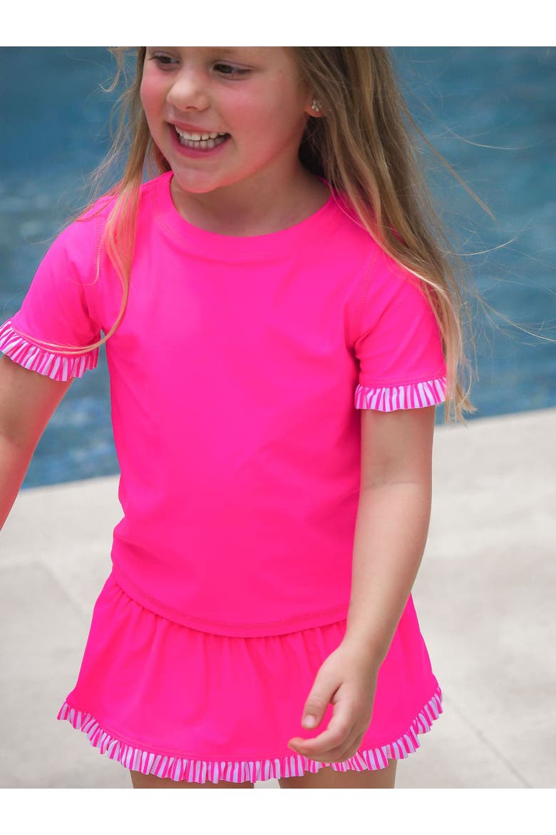 Toddler Girls Short Sleeve Ruffle UPF50+ Rash Guard Skirted 2-Piece, Alternate, color, Neon Magenta