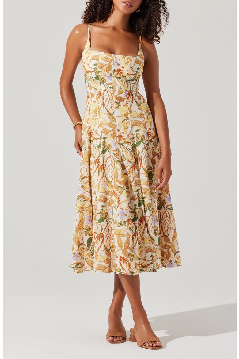 Jaleyah Floral Midi Dress, Main, color, MUSTARD GREEN TROPIC