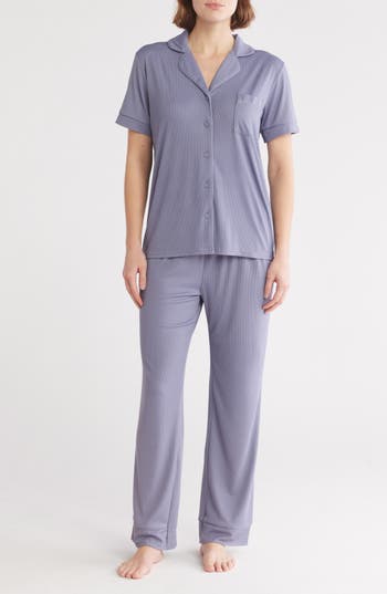 Nicole Miller Short Sleeve Notch Pajamas In Steel