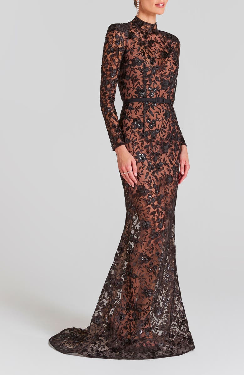 NADINE MERABI Gabriella Sequin Floral Long Sleeve Mermaid Gown, Alternate, color,