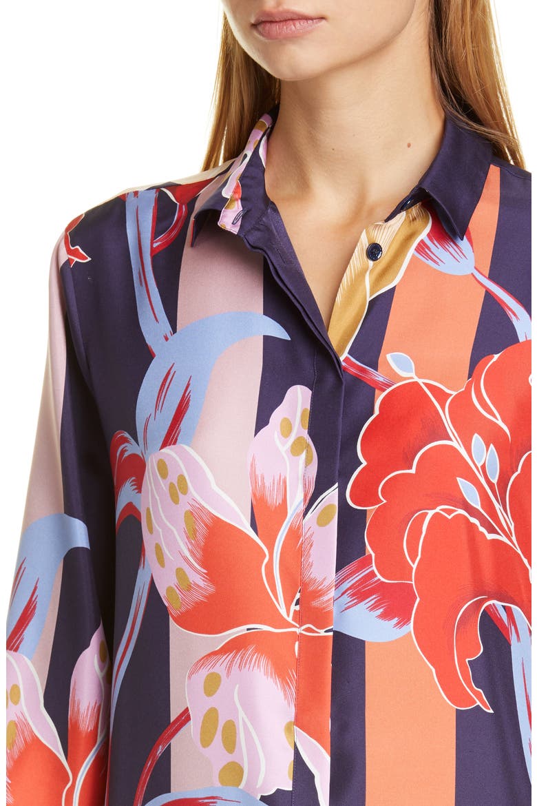 Large Lily Print Silk Tunic Shirt, Alternate, color, NAVY