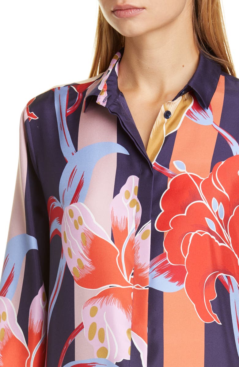 Etro Large Lily Print Silk Tunic Shirt, Alternate, color, 