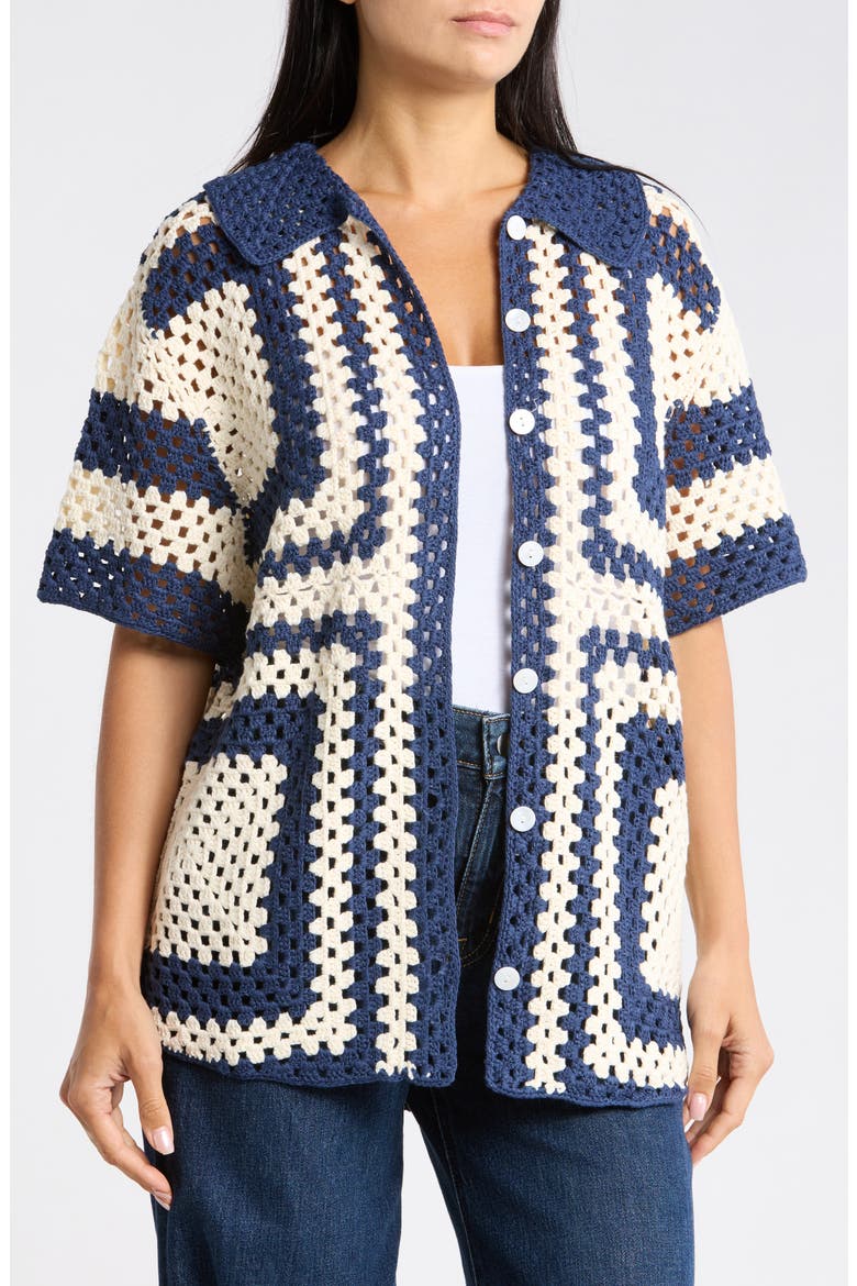 Pilar Short Sleeve Crochet Cardigan, Main, color, CREME