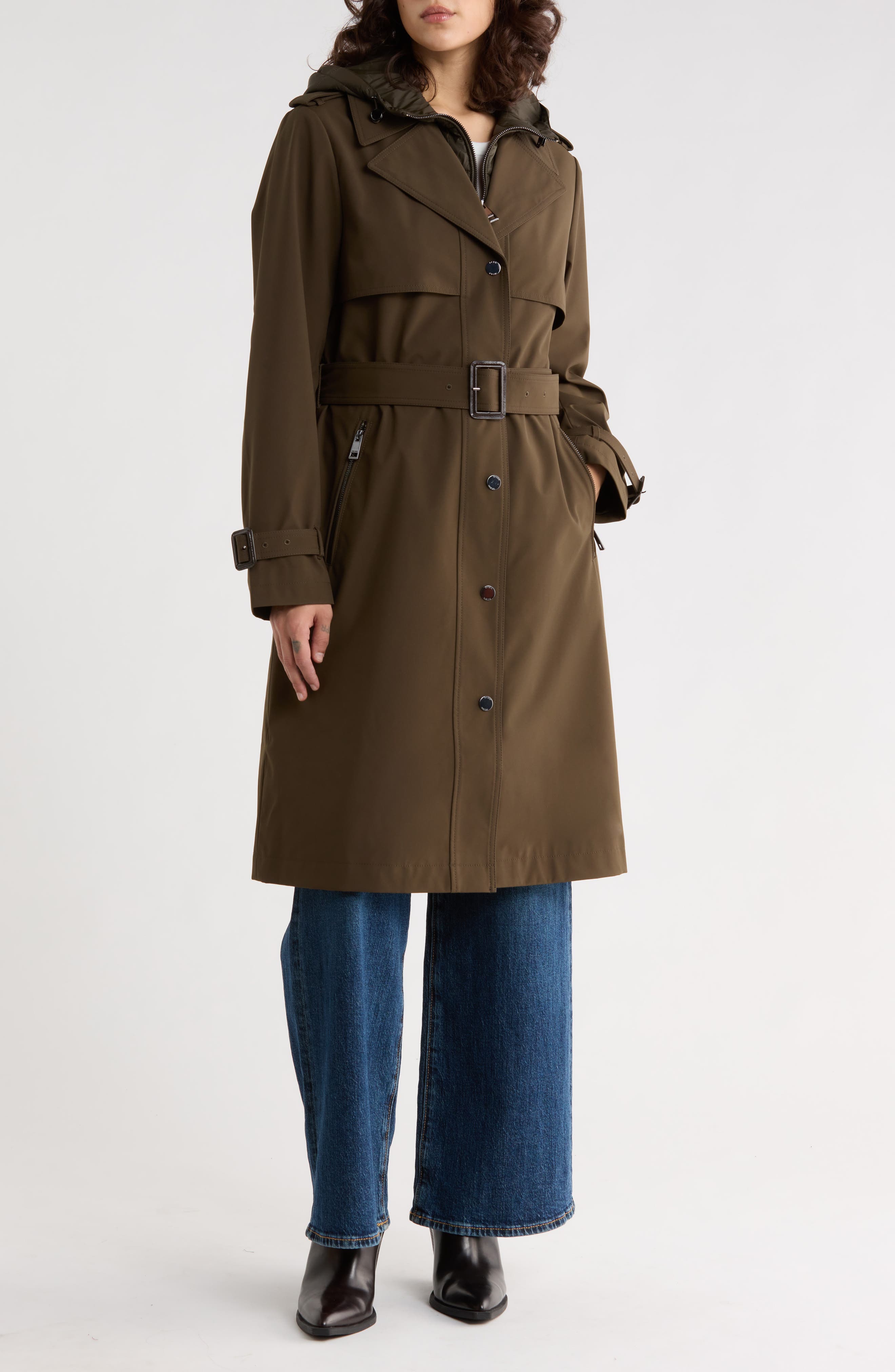 Bcbgeneration Belted Water Resistant Raincoat With Bib In Military Green
