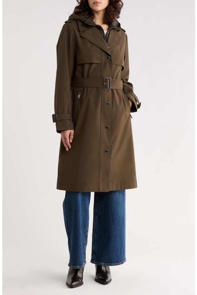 Belted Water Resistant Raincoat with Bib, Main, color, MILITARY GREEN