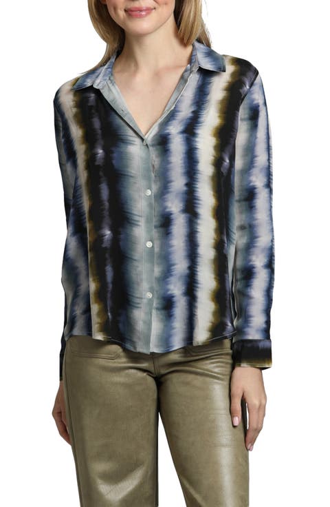 Abstract Print Roll Tab Sleeve Chiffon Button-Up Shirt