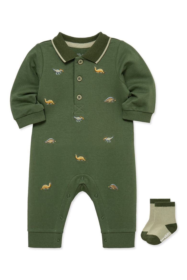 Embroidered Schiffli Polo Romper & Socks Set, Alternate, color, GREEN