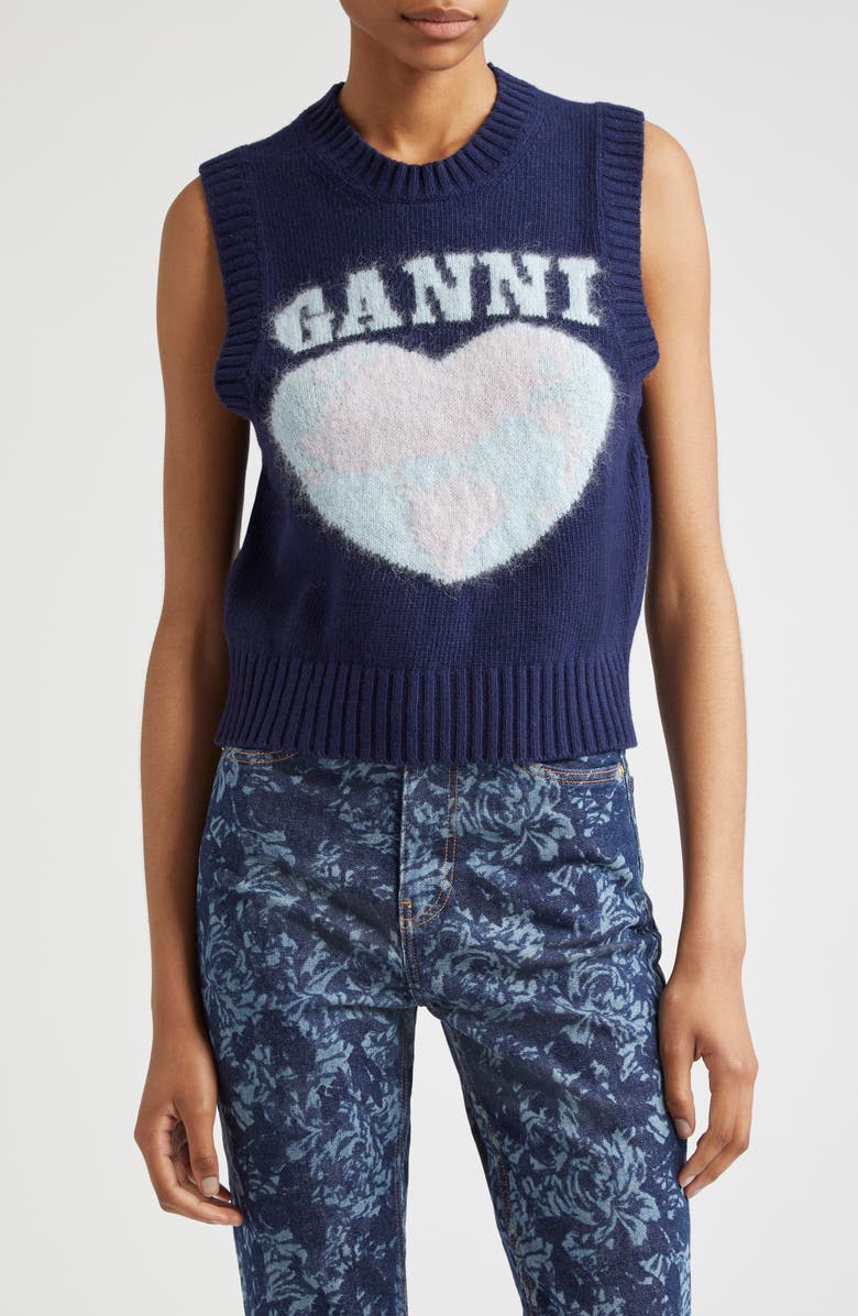 Ganni Heart Graphic Wool Blend Sweater Vest, Main, color,