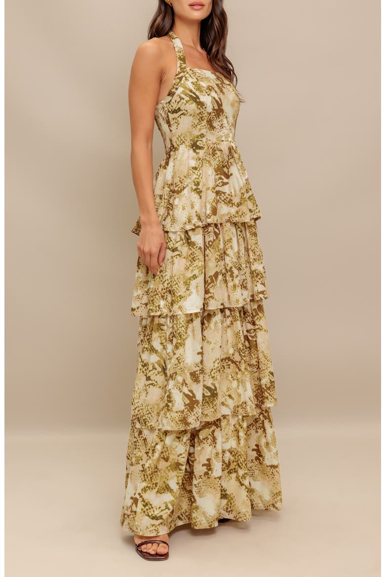 Abstract Print Tiered Maxi Dress, Alternate, color, TAUPE