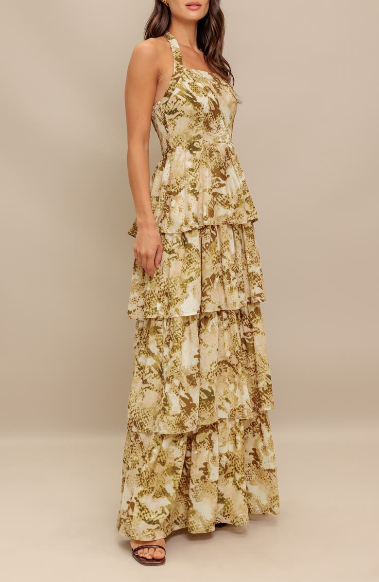 FLYING TOMATO Abstract Print Tiered Maxi Dress, Alternate, color, Taupe