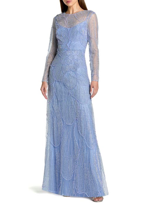 Beaded Mesh High Neck Long Sleeve A Line Gown