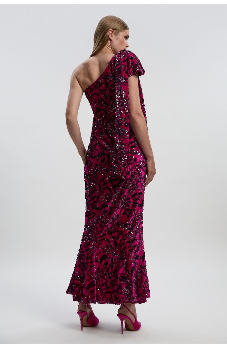 Karen Millen Velvet Sequin One Shoulder Maxi Dress, Alternate, color, Purple