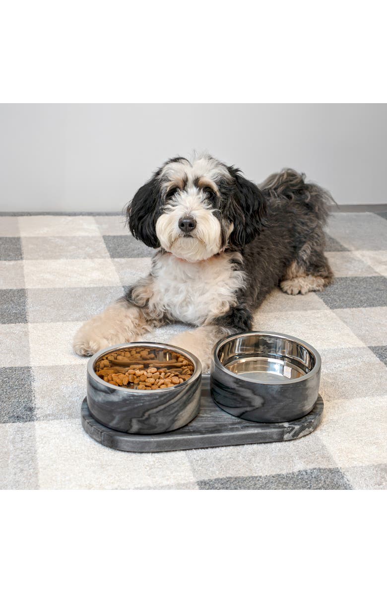 The Licker Store Marbre Small/Medium Modern Weighted Double Marble and Stainless Steel Bowl 12oz (1.5 Cups) Feeder with Non-Slip Marble Tray Set, Alternate, color, Black/White