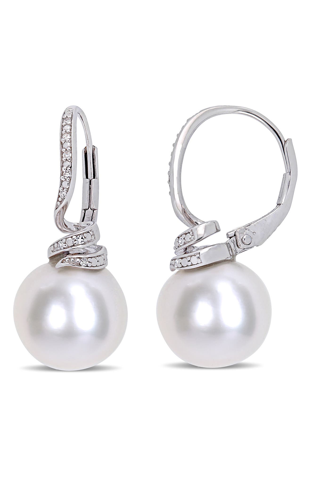 DELMAR Sterling Silver Pavé Diamond 11–12mm Cultured Freshwater Pearl Drop Earrings - 0.05ct.