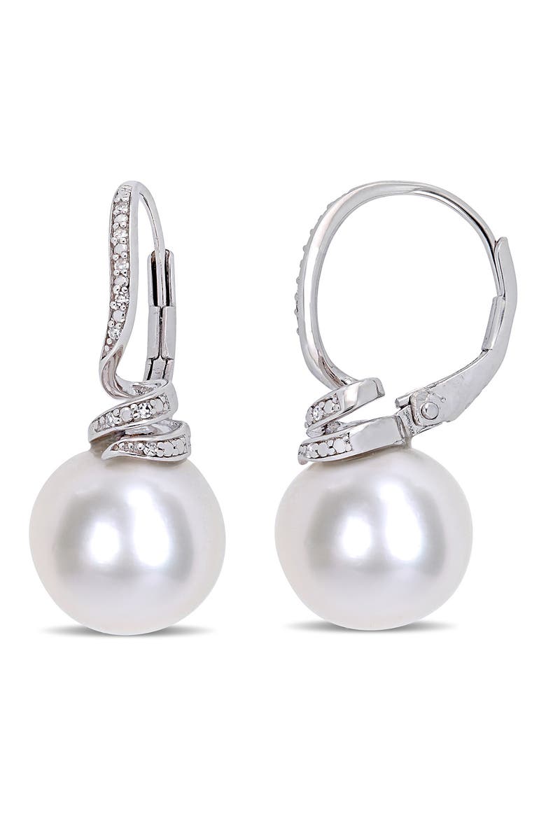 Sterling Silver Pavé Diamond 11–12mm Cultured Freshwater Pearl Drop Earrings - 0.05ct., Main, color, WHITE