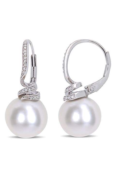Sterling Silver Pavé Diamond 11–12mm Cultured Freshwater Pearl Drop Earrings - 0.05ct.