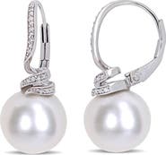 DELMAR Sterling Silver Pavé Diamond 11–12mm Cultured Freshwater Pearl Drop Earrings - 0.05ct.