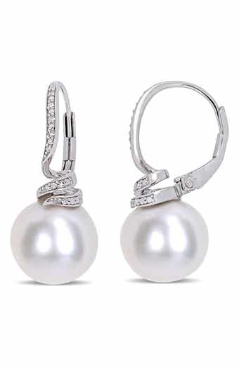 DELMAR Sterling Silver Pavé Diamond 11–12mm Cultured Freshwater Pearl Drop Earrings - 0.05ct.