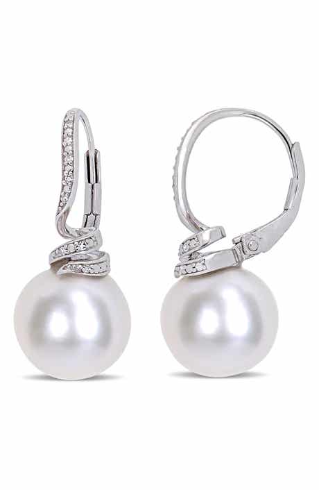 DELMAR Sterling Silver Pavé Diamond 11–12mm Cultured Freshwater Pearl Drop Earrings - 0.05ct.
