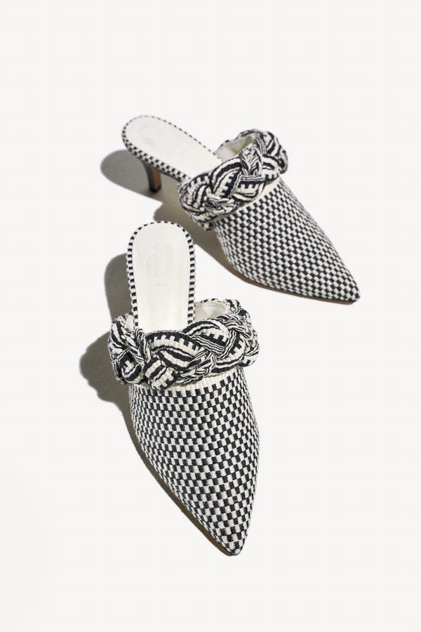 Amambaih Blanca Motif Fabric Mules, Alternate, color, Ivory Black