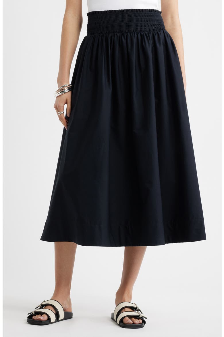 Smocked Cotton Midi Skirt, Main, color, BLACK