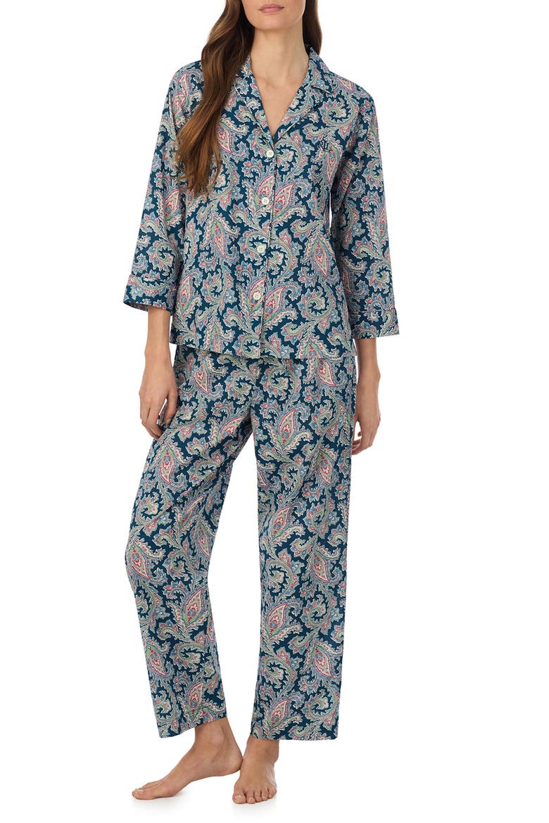Print Cotton Blend Three-Quarter Sleeve Ankle Length Pajamas, Main, color, MULTI PAISLEY